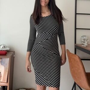 Motherhood Maternity Striped Bodycon Midi Dress Black White 3/4 Sleeve Small